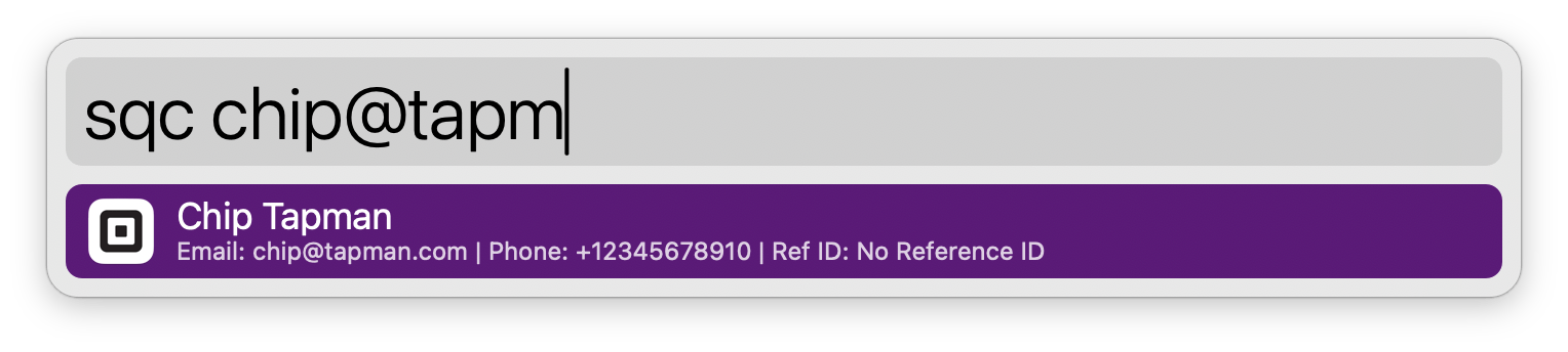 Screenshot of a square customer directory search in Alfred