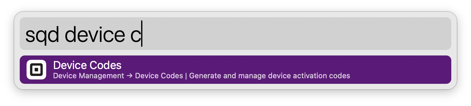 Screenshot of a square dashboard menu search in Alfred