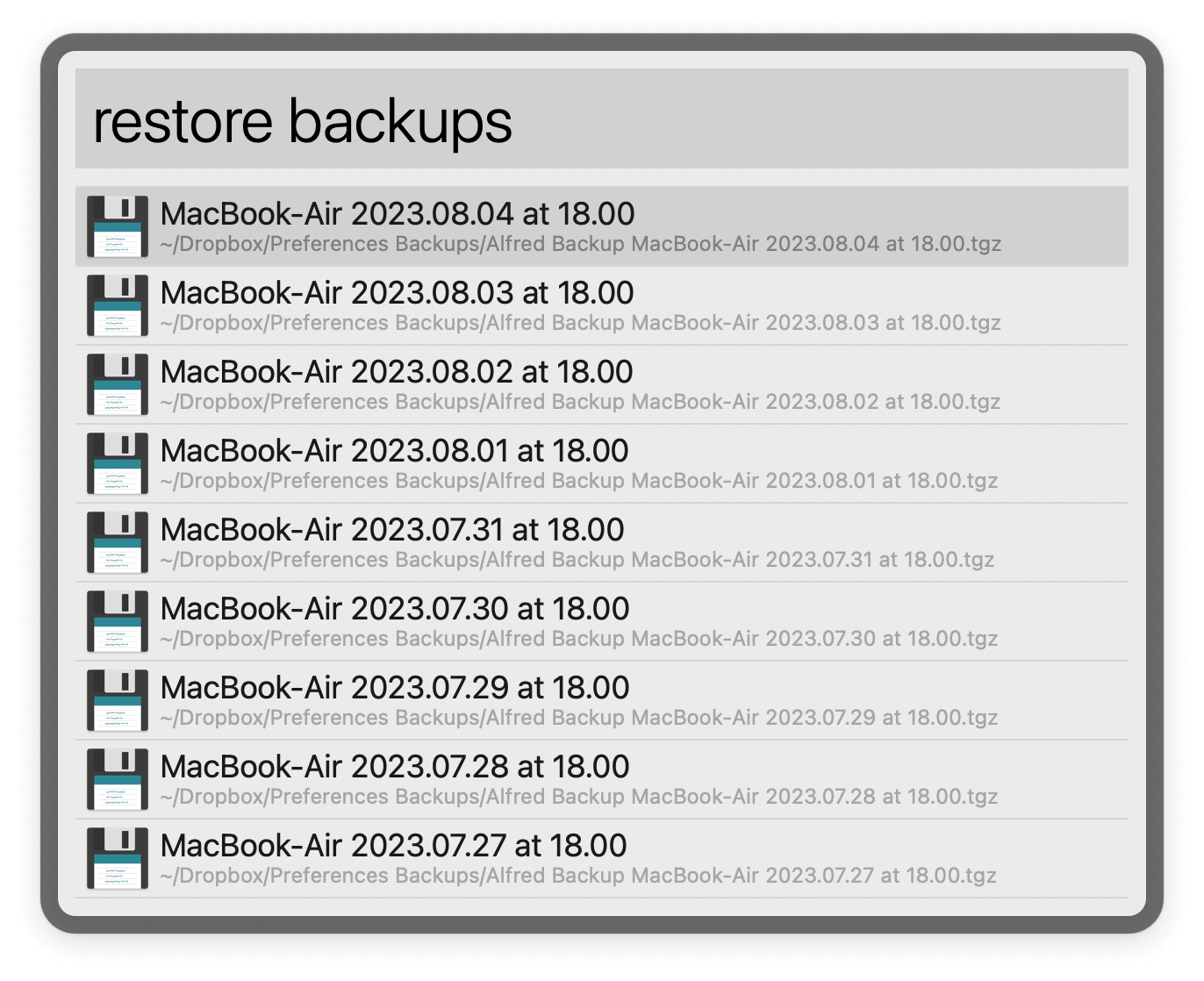 Listing backups to restore