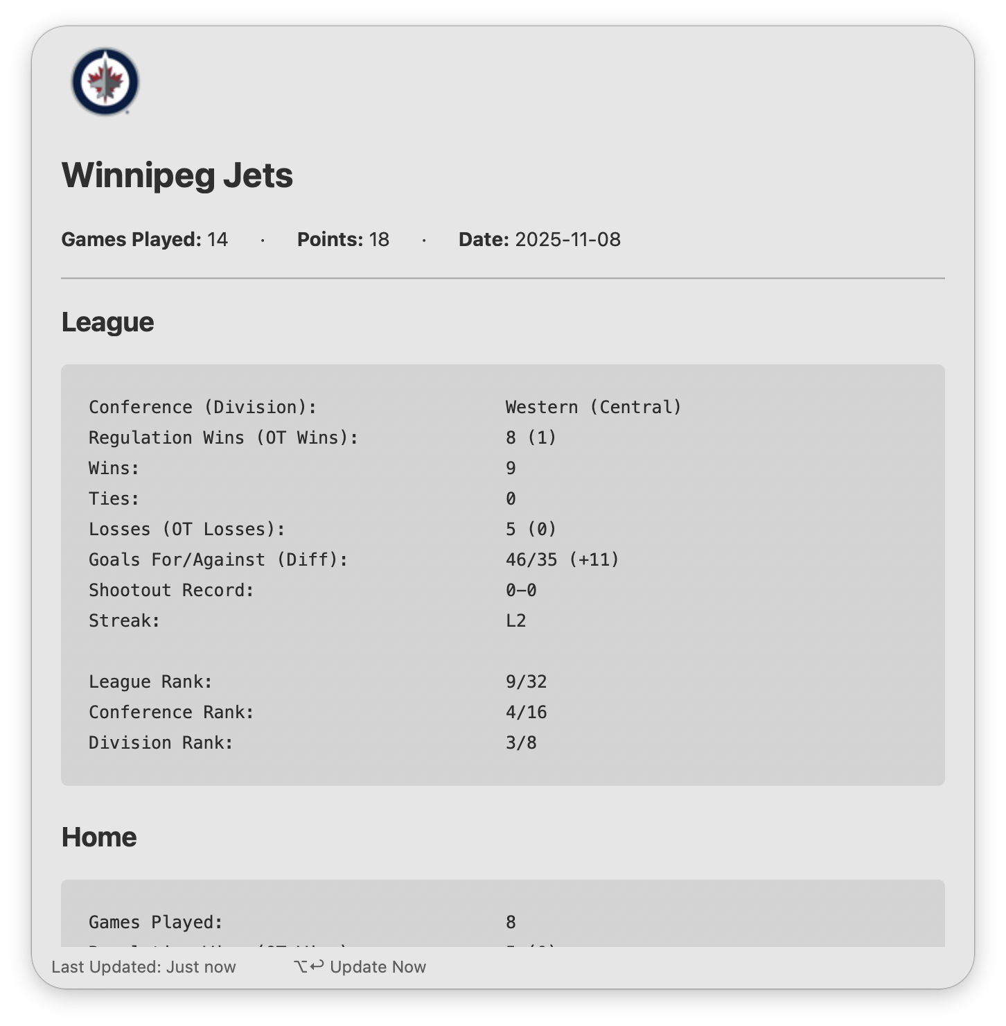 Viewing team stats in the Text View