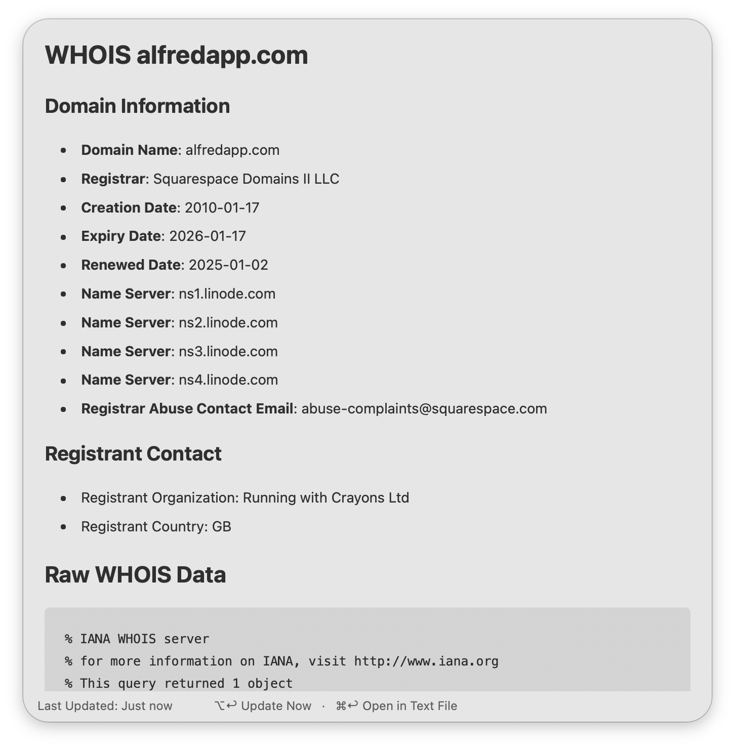 Querying alfredapp.com with summary
