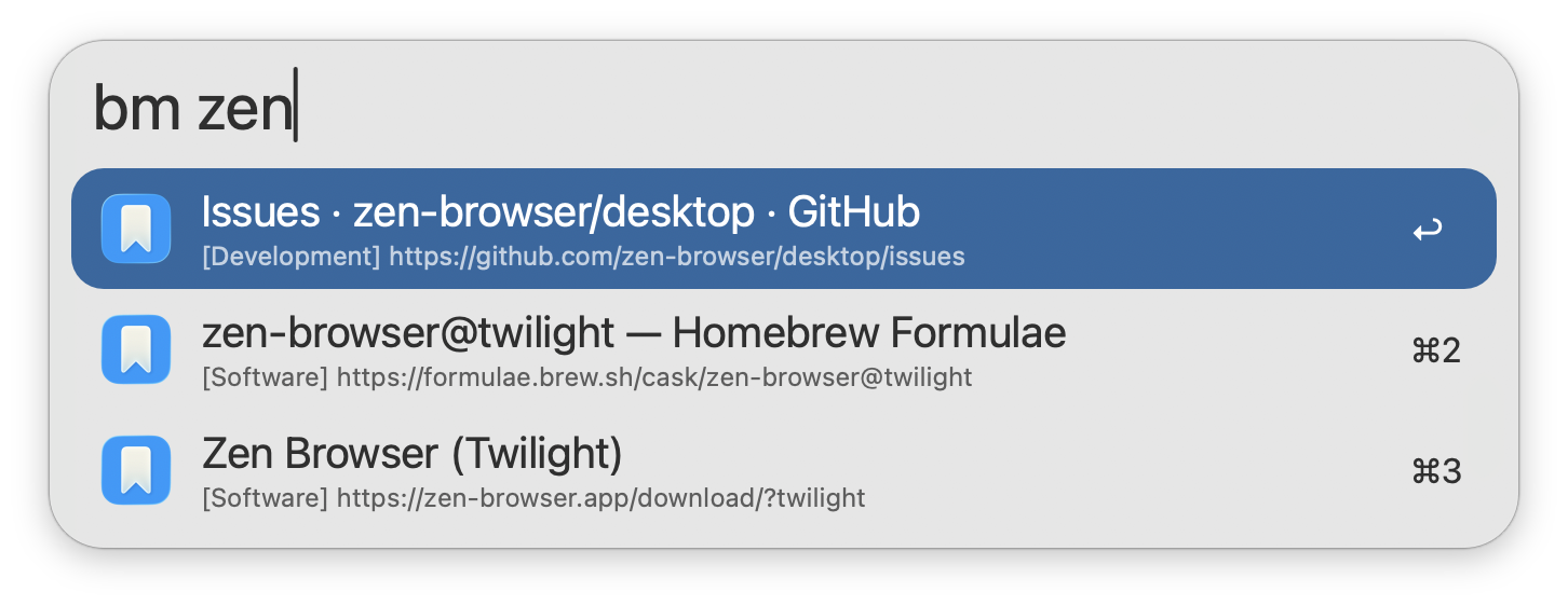 Searching for Zen bookmarks using Nightly