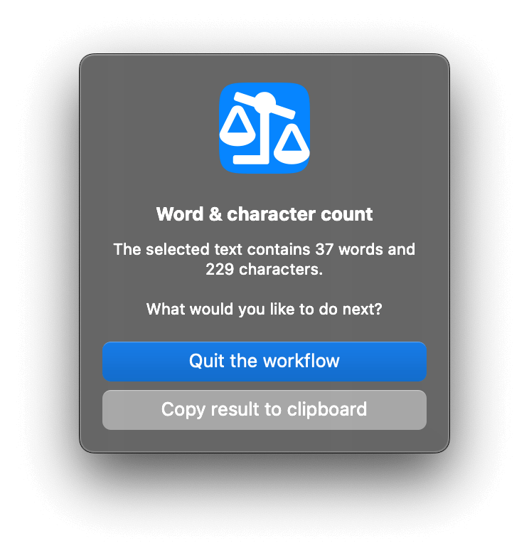 Dialog showing word count