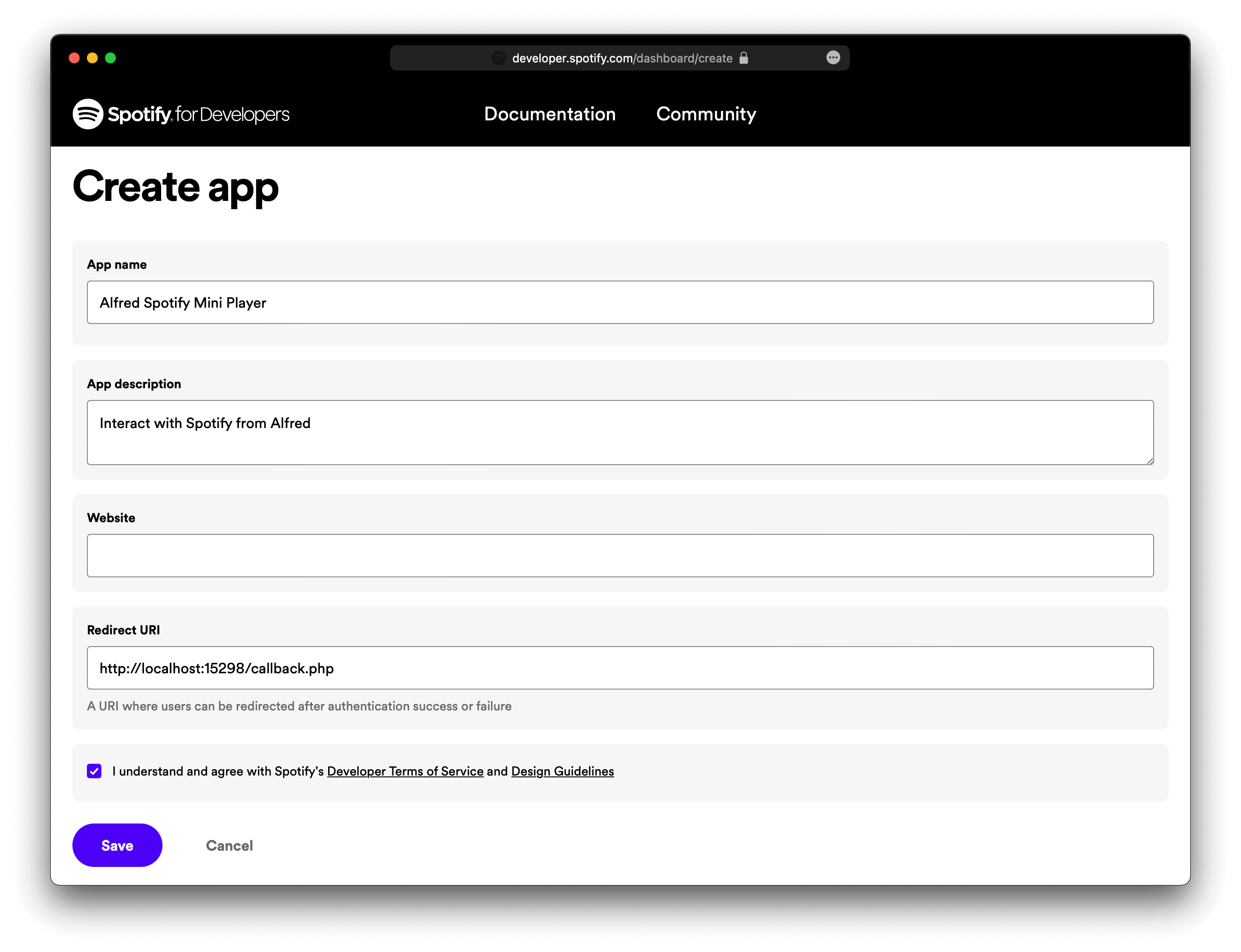 Creating app on Spotify’s website