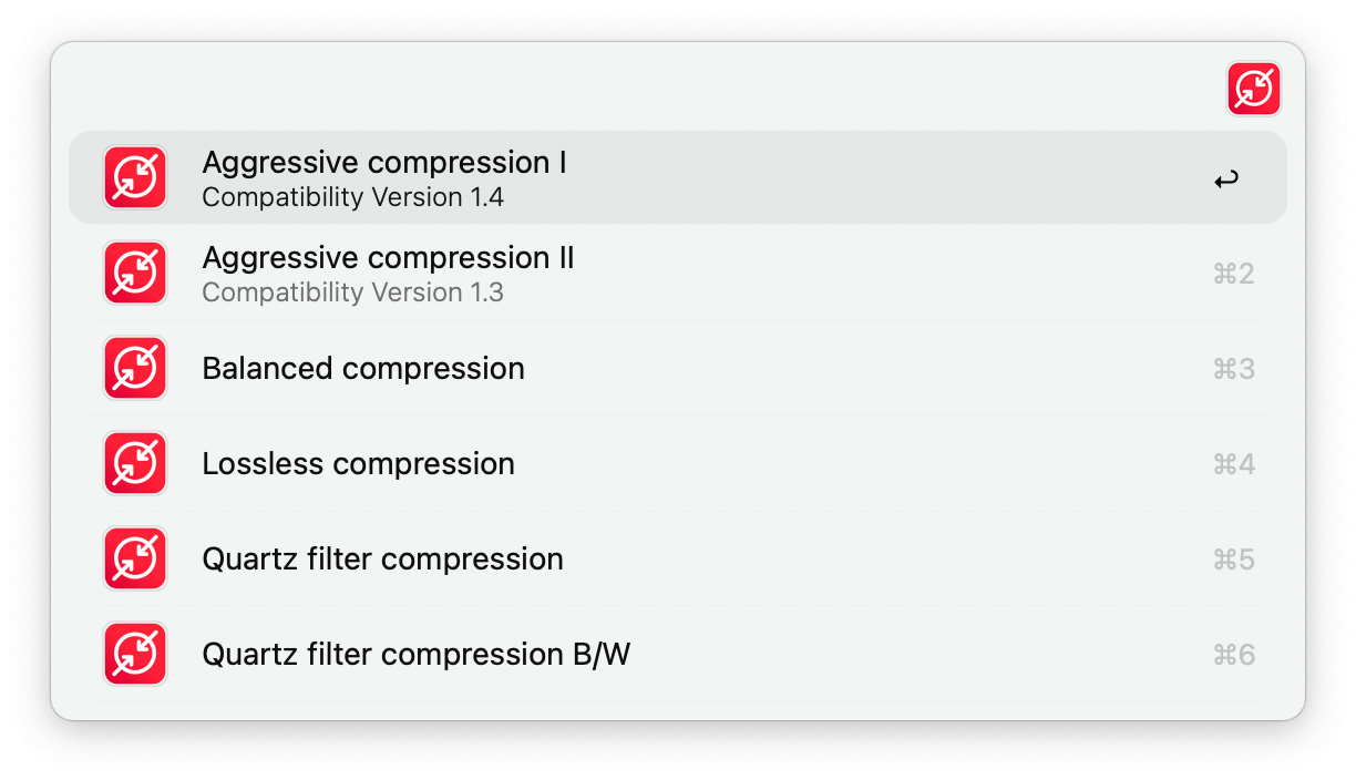 Listing compression presets